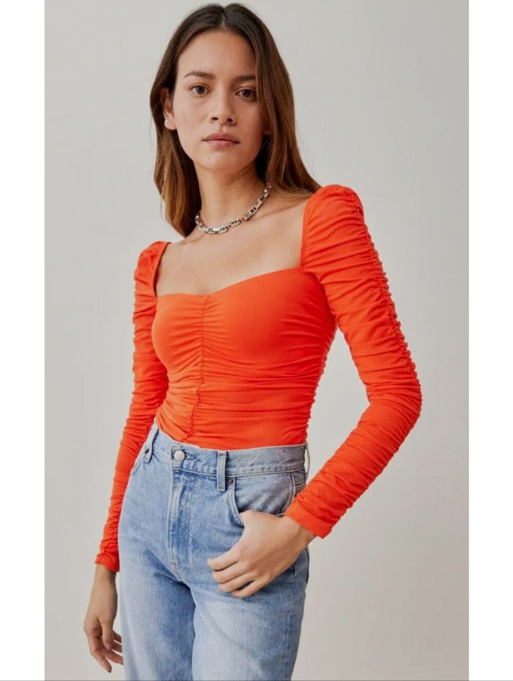 Reformation Esra Top Orange Ruched Long Sleeve Bodycon Flame Shirt Stretch